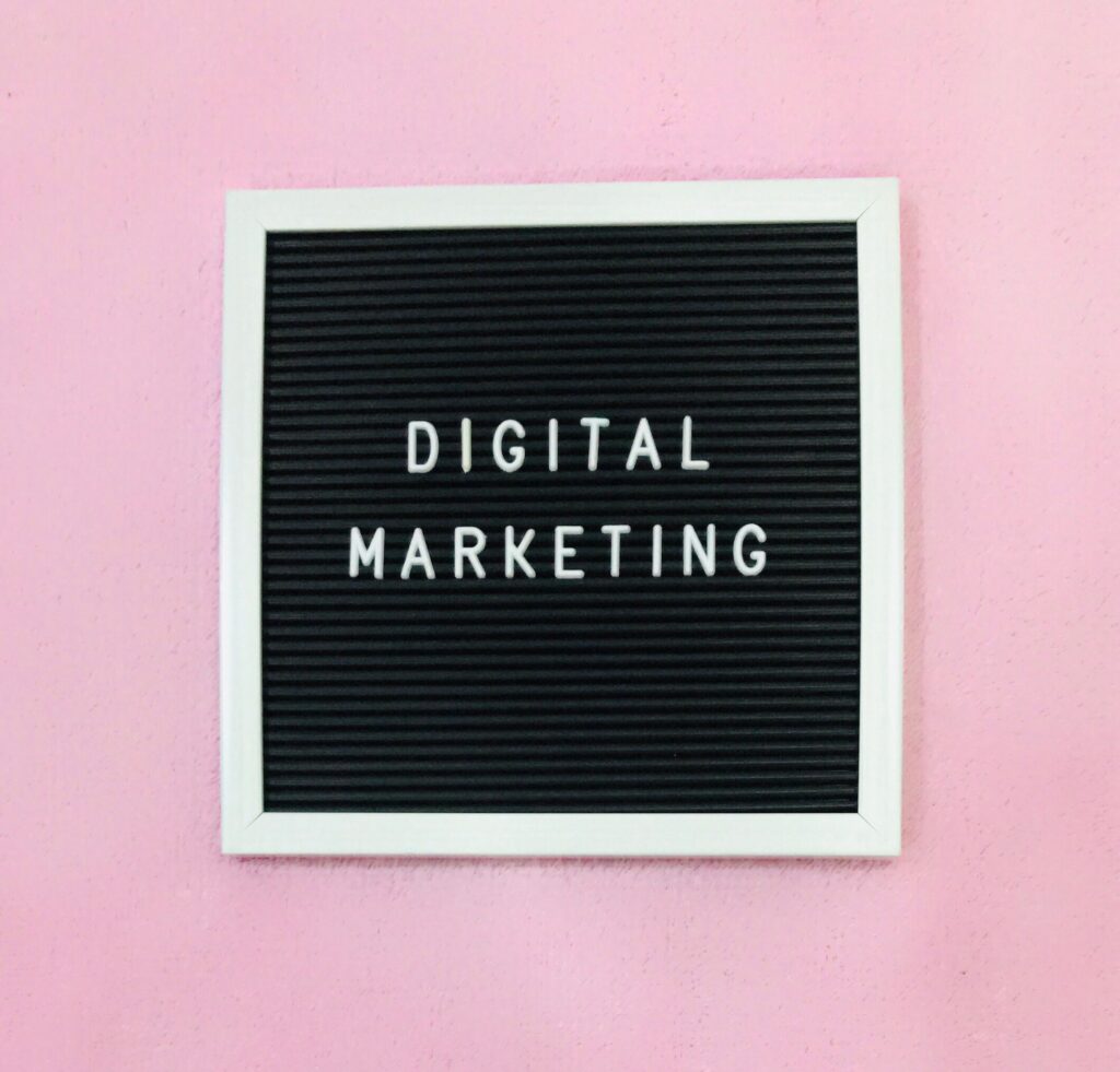 Digital marketing board on pink background 77