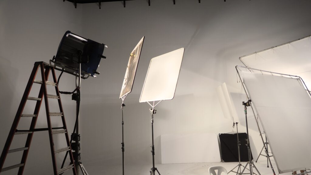Studio light and back drop and soft box set up for shooting photo or video production which includes
