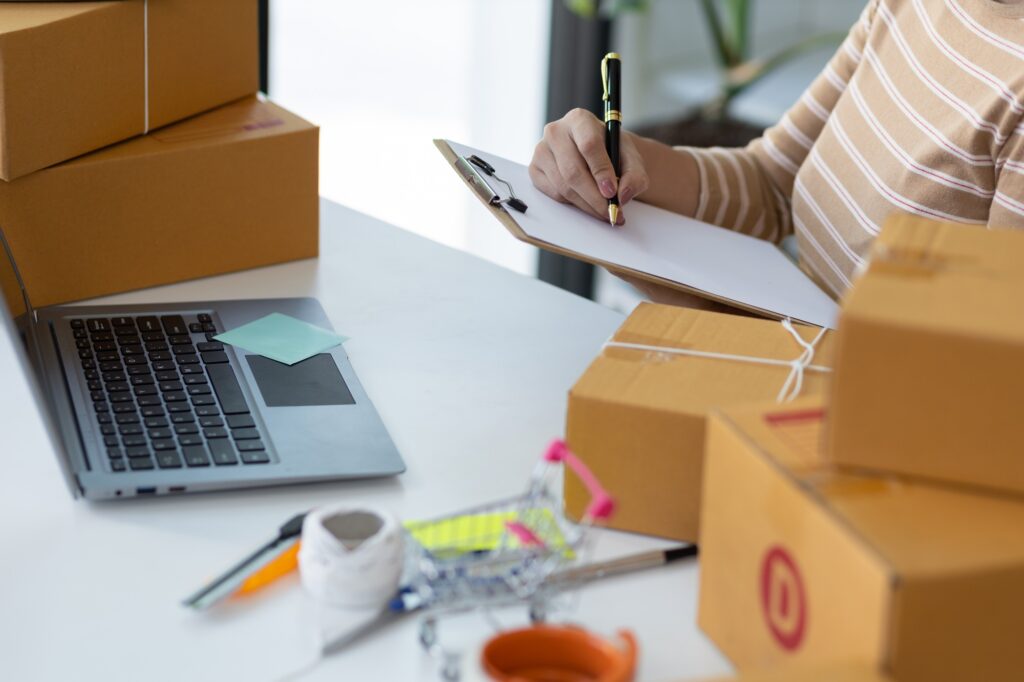 Woman starting a small business in a home office is working.